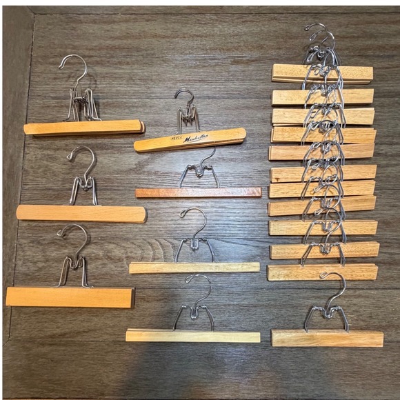 Nevco Manhattan Vintage Wood Pant Skirt Hangers Lot 19 Metal Clamp Natural MCM